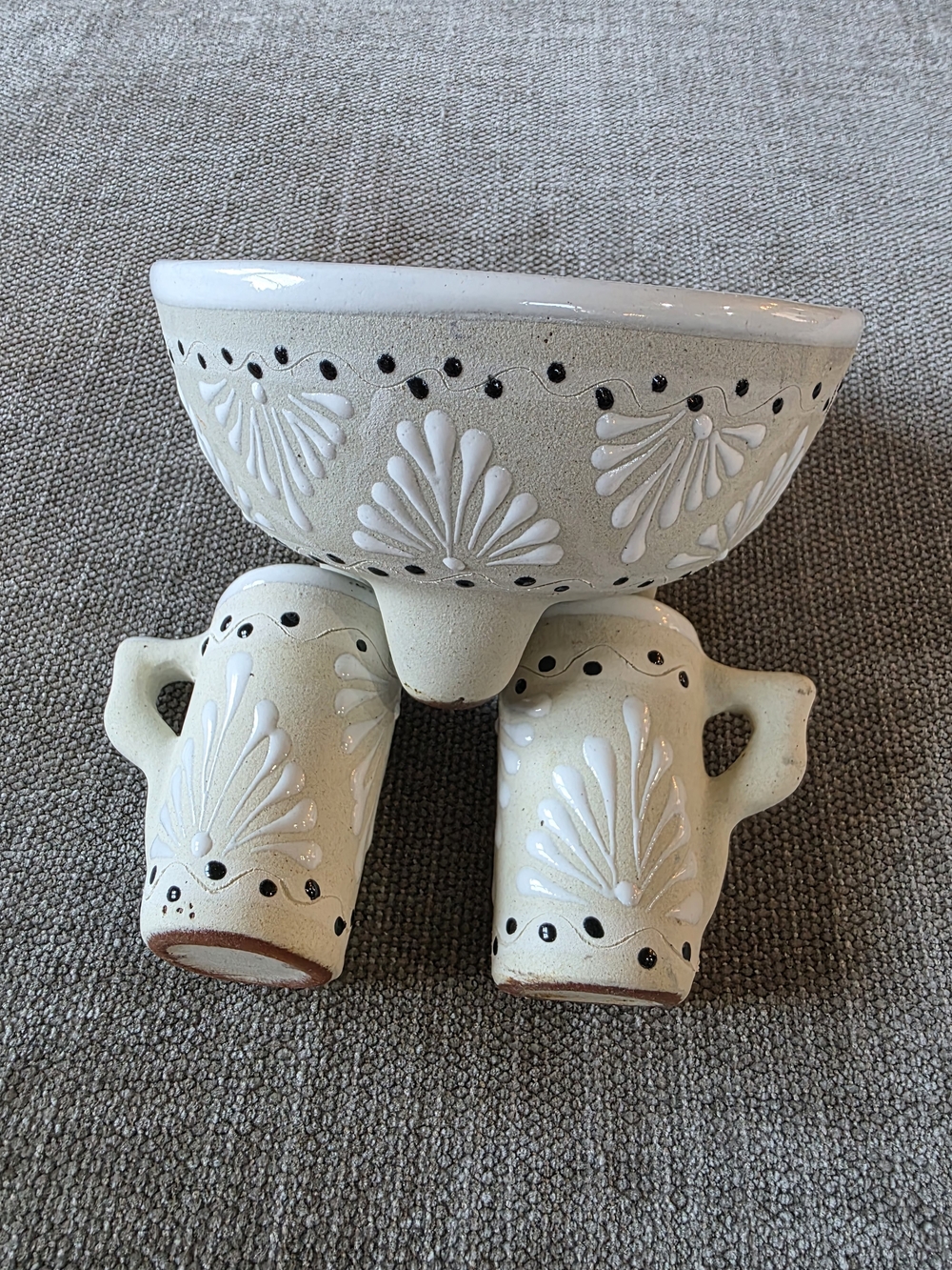 Mexican Pottery Salsa Bowl with 2 Shot Glasses Set Cream Handpainted
